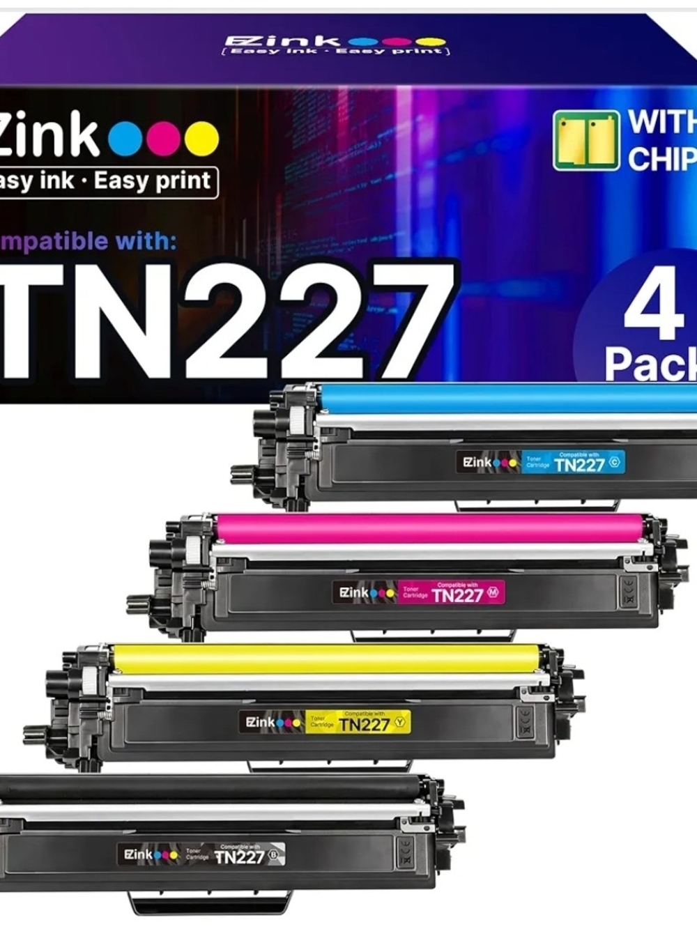 E-Z Ink TN227 Toner 4 Pack High Yield BK/C/M/Y for Brother Printers